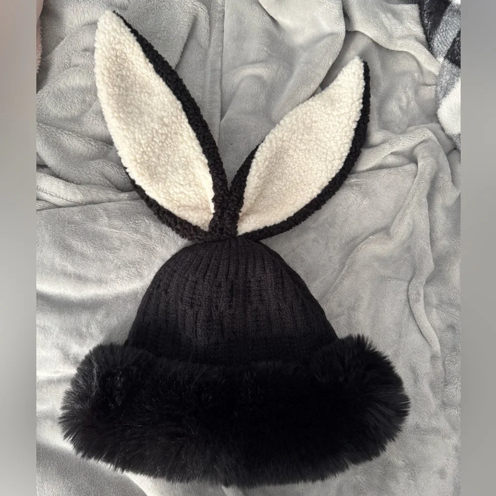 Dolls Kill Black and White Bunny Ear Hat